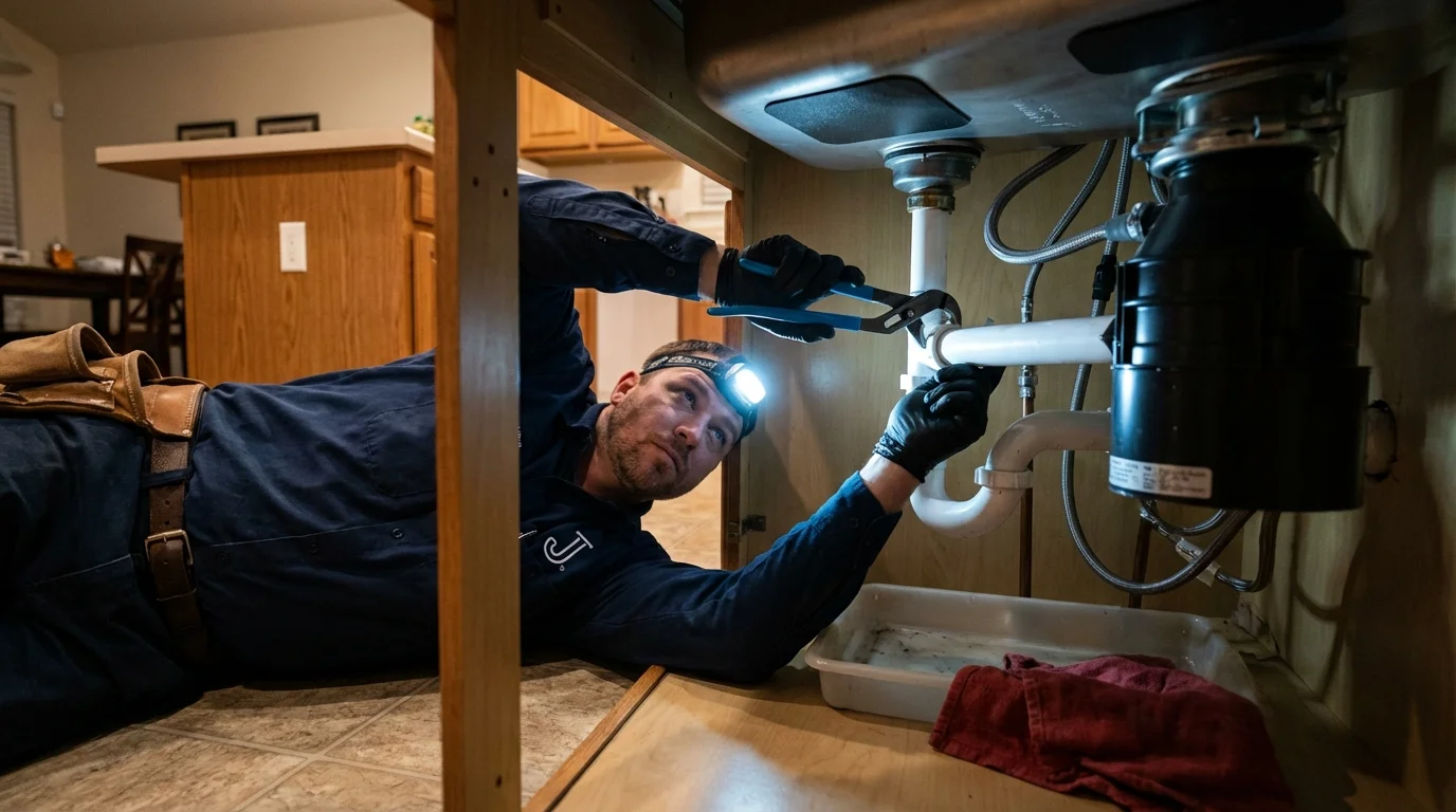 P-trap and supply line connections under a kitchen sink showing a common leak point in Morenci, MI